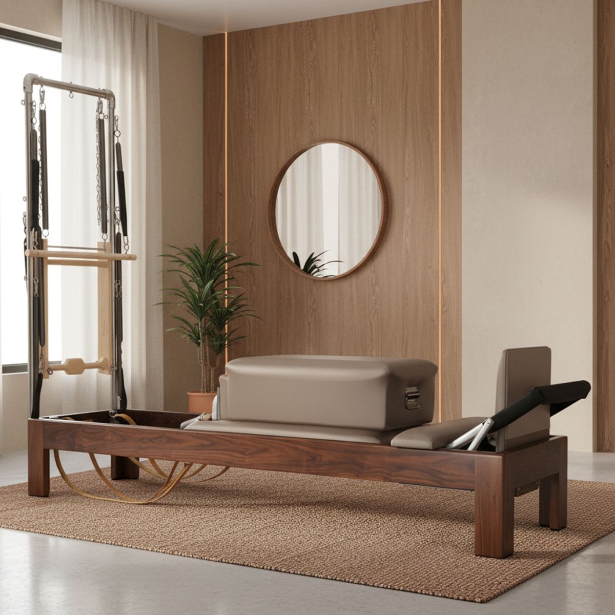 Elina Pilates Klassischer Reformer 86" aus dunklem Holz mit Half Cadilac