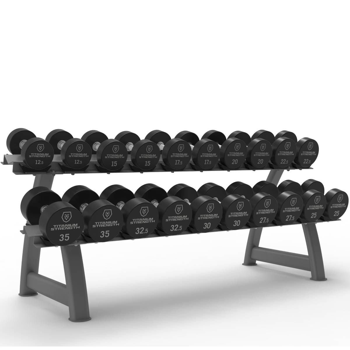 Titanium Strenth Set aus runden Pro-PU-Hanteln 12,5–35 kg mit Rack