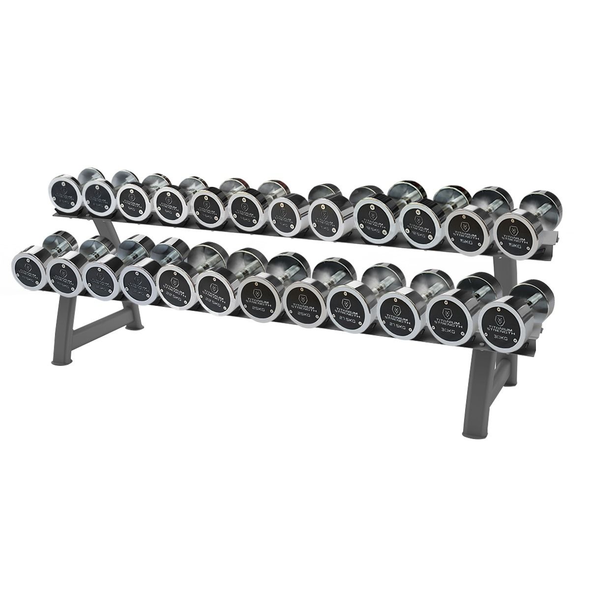 Titanium Strength Chromhantelset 2,5–30 kg (12 Paare) mit Rack